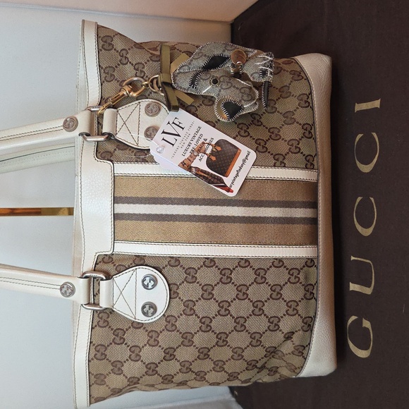 GUCCI 2000s ULTRA rare GG canvas/leather tote W/collectable GUCCI dog bag charm - Picture 1 of 17